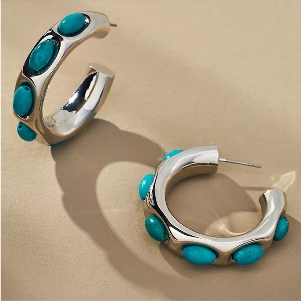 New! Anthropologie Turquoise Rhodium Plated Boho Western Hoop Earrings NWT